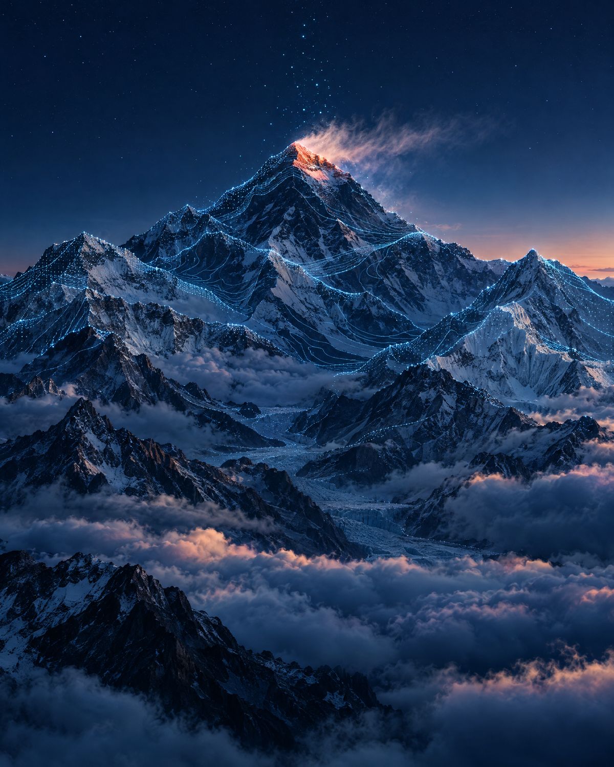 A Mount Everest piramis alakú csúcsa hajnalban, hózászlóval