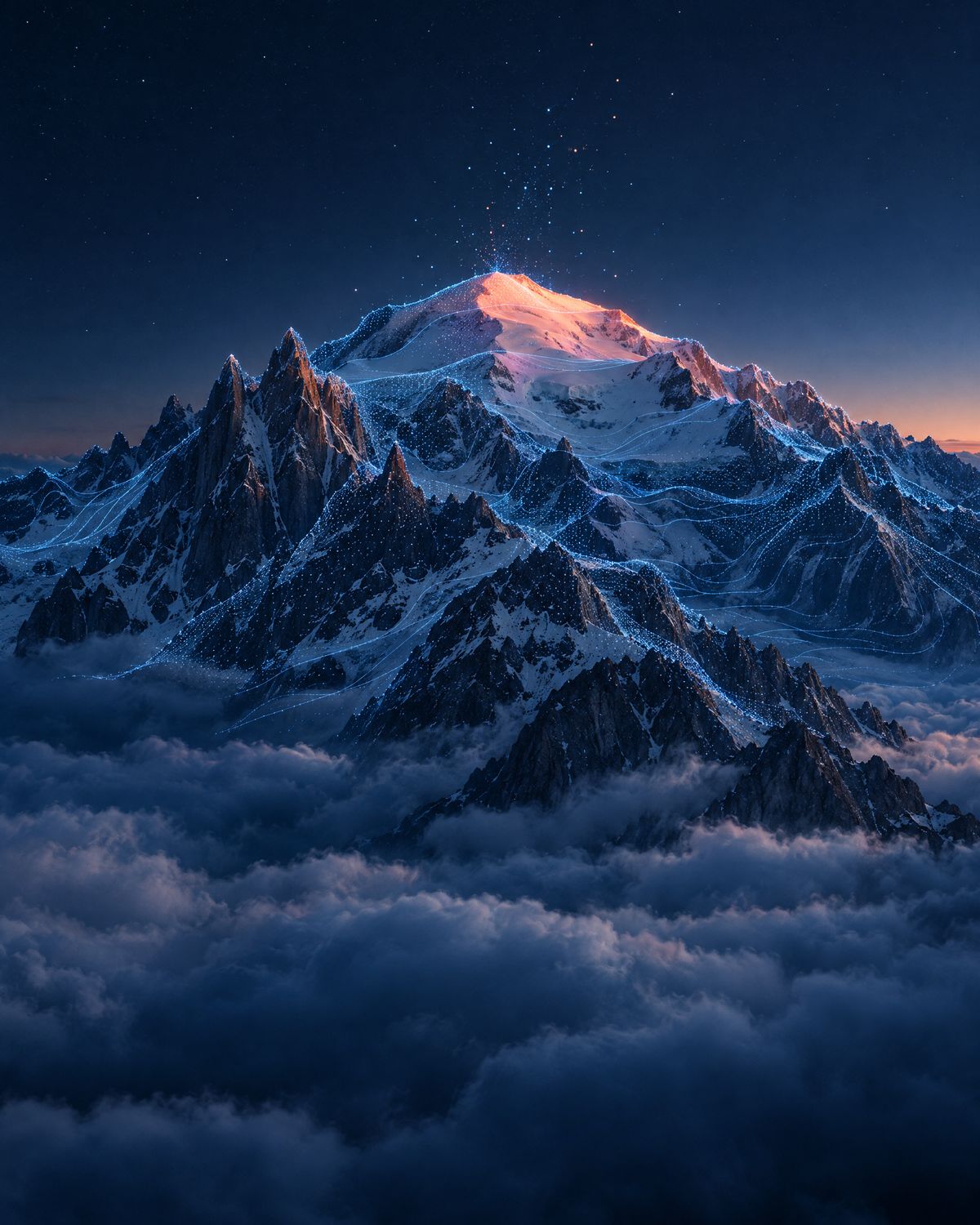 A Mont Blanc csúcsa a felhők felett hajnalban, égkék szintvonalakkal