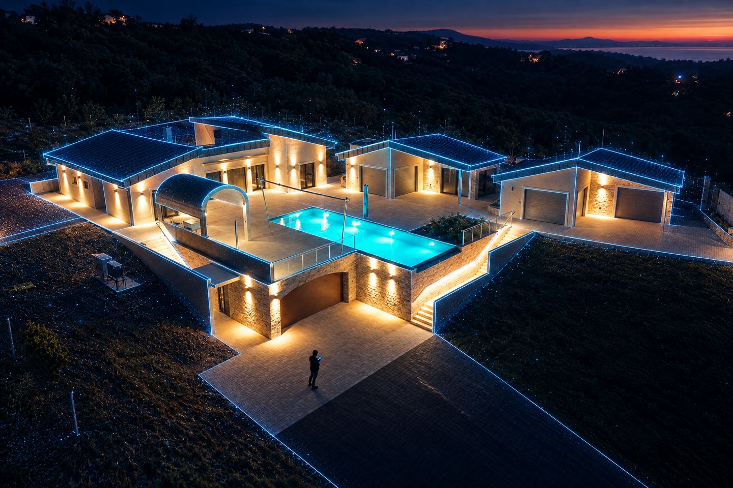 A BRH5 balatoni luxusnyaraló légifotója kivilágított medencével, éjszaka