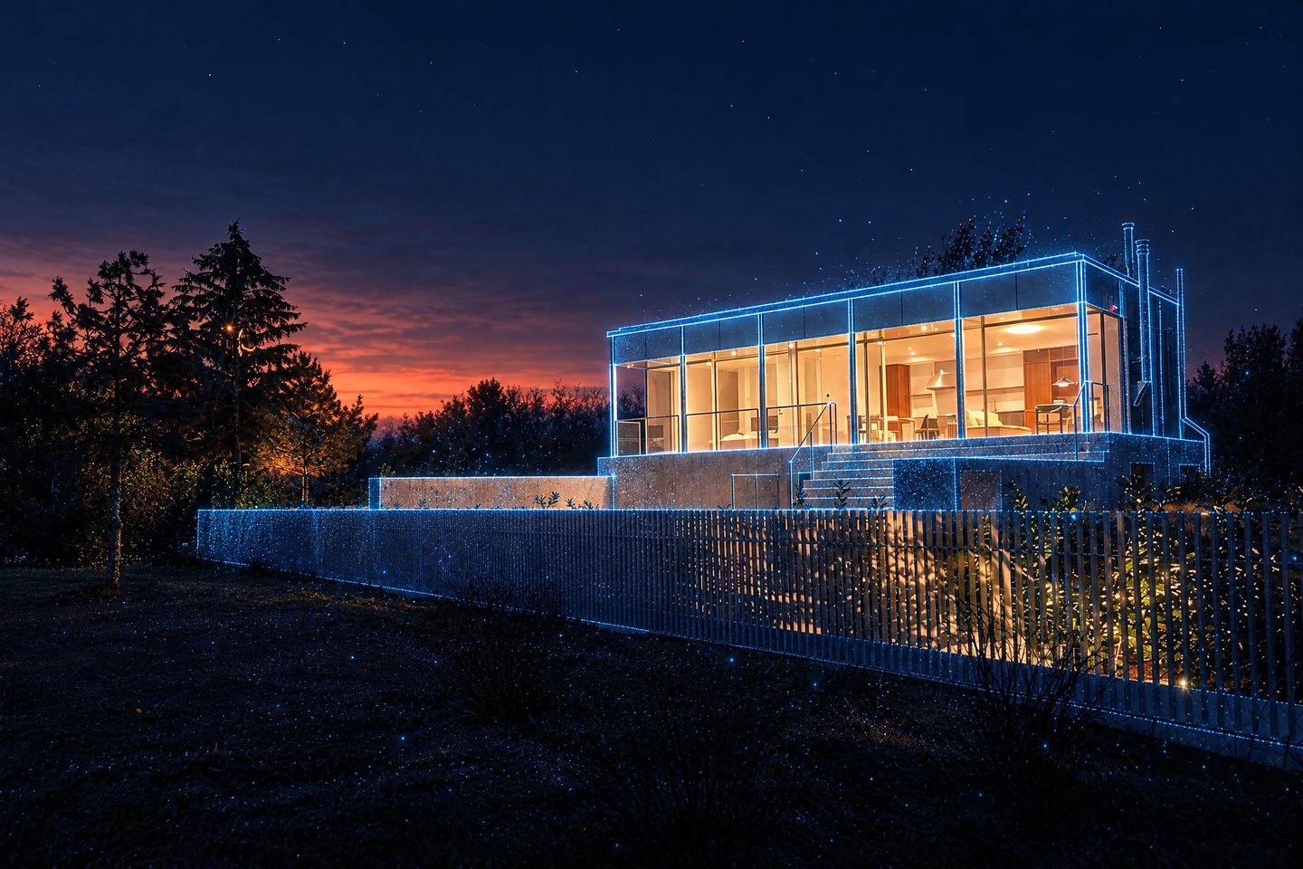 A H40 balatoni luxusnyaraló üvegpavilonja travertin lábazaton, alkonyatkor
