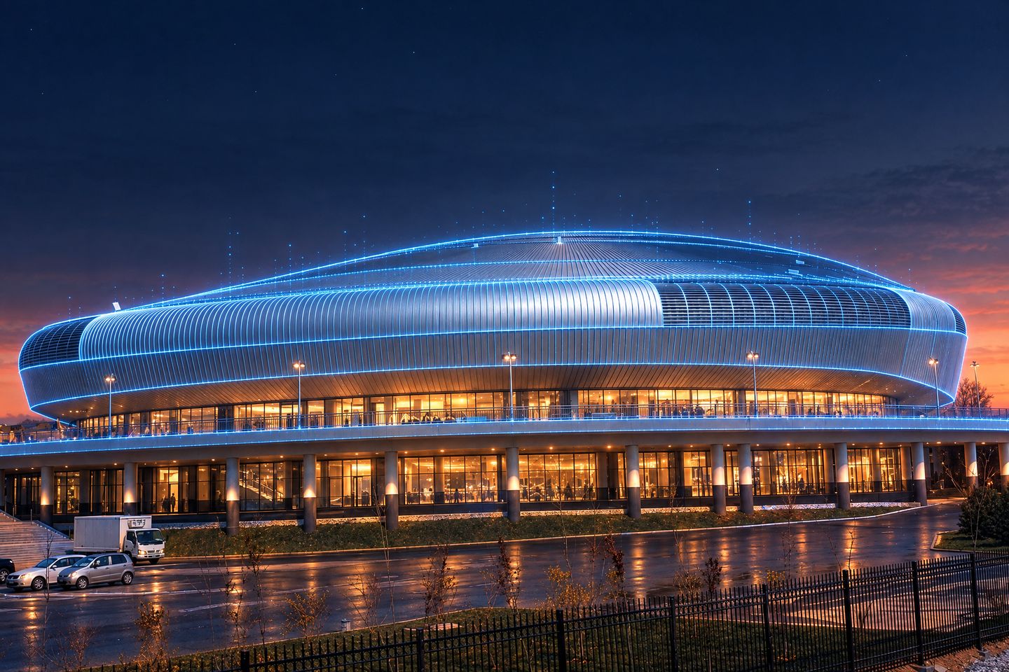 A HUMO Arena ezüst, ovális tetős jégcsarnoka Taskentben – a Toldy csapat homlokzatburkolati projektje